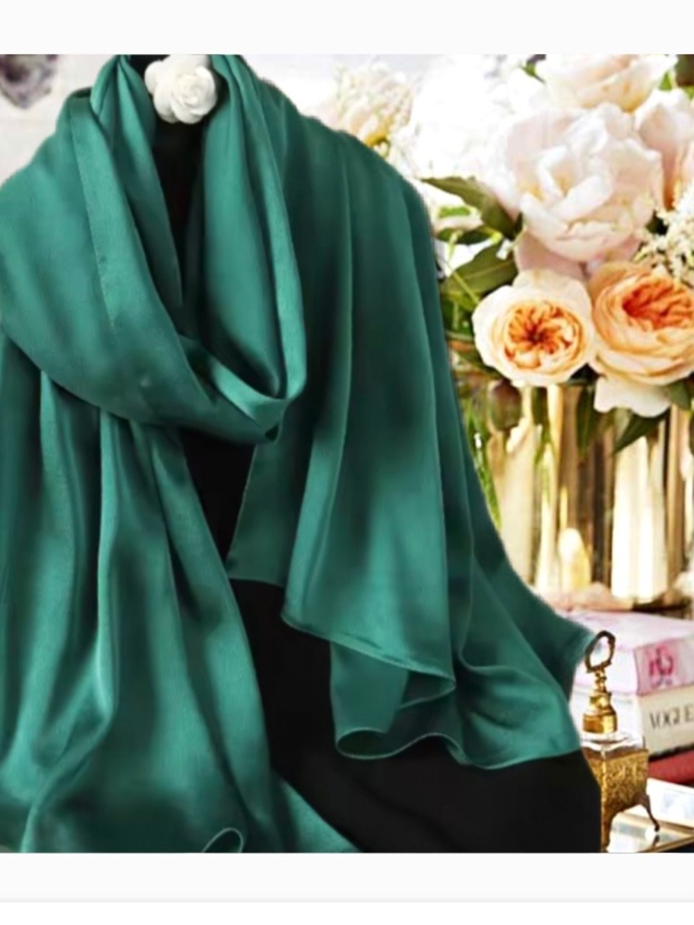 100% SILK SATIN Luxury Dark Emerald Green Large Shawl Scarf Wrap Wedding CoverUp
